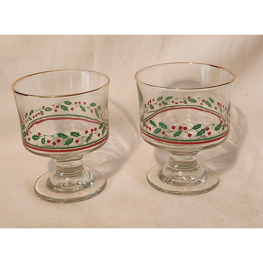 ARBY'S Libbey Holly & Berries Flat Champagne, Sherbet, Dessert 4" Glass; Gold-2
